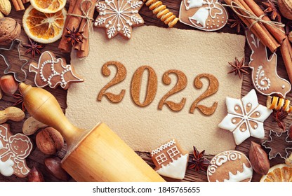 Happy New Year 2022.  Festive design. Photo of baking. decorative photo