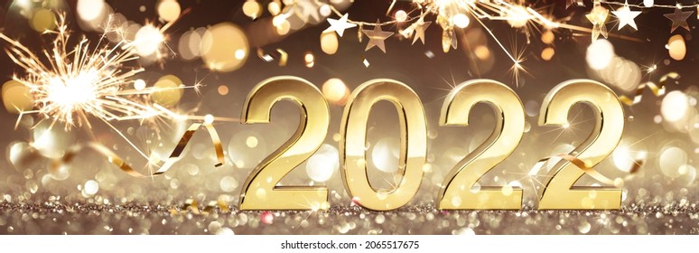 Happy New Year 2022. Golden Background with Confetti - Shutterstock ID 2065517675