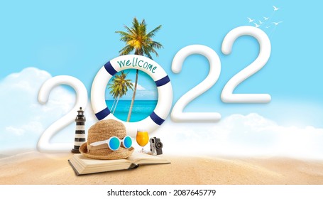 Happy New Year 2022. Happiness Beach Party And Travel Summer Destination Concept.