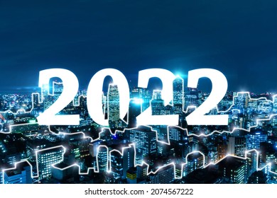 Happy New Year 2022. Media Link Connecting On Business Office Night City Background, Internet, Communication, Cyber Tech, Speed Internet, Networking, Smart City, Network Connection Technology Concept