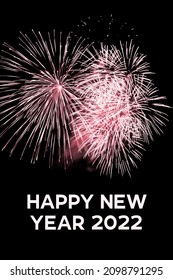 Happy new year 2022 red fireworks stars new years eve. Luxury firework event sky show turn of the year celebration. Holidays season party time. Premium entertainment nightlife background
