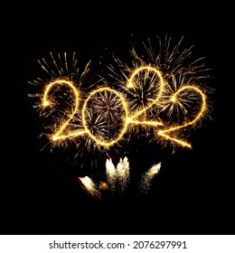 Happy New Year 2022. Sparkling burning numbers Year 2022 with firework isolated on black background. Beautiful overlay design element. Template for holiday greeting card, flyer, billboard and banner