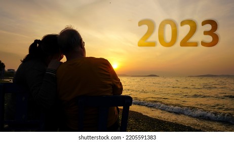 Happy New Year 2023 Is Coming Concept. Old Couple Watching Beautiful Yellow Sunset Or Sunrise On Beach. High Resolution Photo Can Be Used As Large Display, Print, Website Banner, Social Media Post.