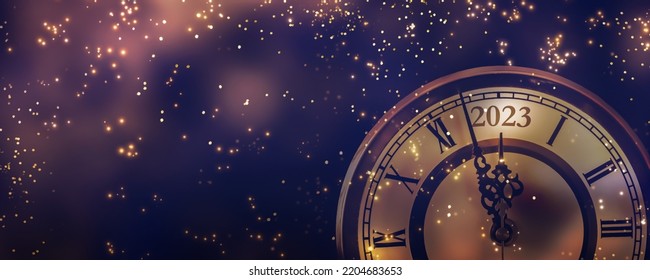 happy new year 2023 countdown clock on abstract glittering midnight sky with copy space, party invitation card concept for new years eve - Shutterstock ID 2204683653