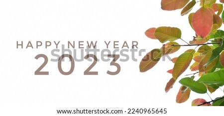 'HAPPY NEW YEAR 2023' in green and pink colors with colorful branches and leaves background, concept for greeting invitation card and happy new year 2023 concept.