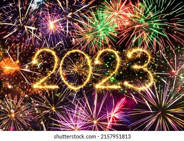 Happy New Year 2023. Greeting card with colorful fireworks and Sparkling burning Number 2023. Beautiful holiday Web banner - Shutterstock ID 2157951813