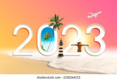 Happy new year 2023. Happiness women on the beach and travel to summer destinations by airplane - Shutterstock ID 2230264215