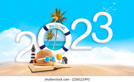 Happy new year 2023. Happiness travel summer holidays, and welcome to tropical sea beach. - Shutterstock ID 2236121993
