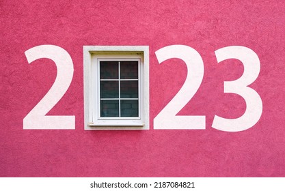 Happy new year 2023. Year 2023 on wall with window  - Shutterstock ID 2187084821