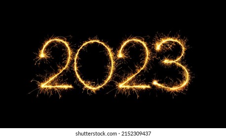 Happy New Year 2023. Sparkling burning numbers Year 2023 isolated on black background. Beautiful Glowing golden overlay element for design holiday greeting card, billboard and Web banner - Shutterstock ID 2152309437