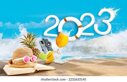 Happy new year 2023. welcome to Happiness beach party and travel summer destination concept.Fun with outdoor activities, splashing wave water and tropical fruit. - Powered by Shutterstock