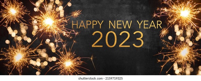 HAPPY NEW YEAR 2023, New Year's Eve Party background greeting card  - Sparklers and bokeh lights, on dark black night sky - Shutterstock ID 2159719325