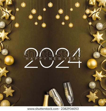 Happy New Year 2024 background with champagne glasses and golden Christmas decorations for social media ads