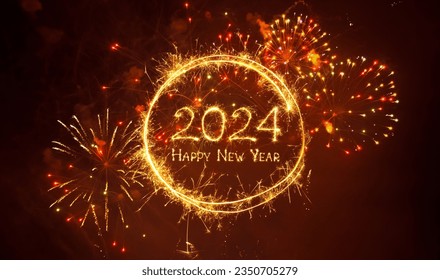 Happy New Year 2024. Beautiful New year congratulations. Creative holiday web banner or Greeting card with firework and sparkling text Happy New Year 2024 on night sky background. - Shutterstock ID 2350705279