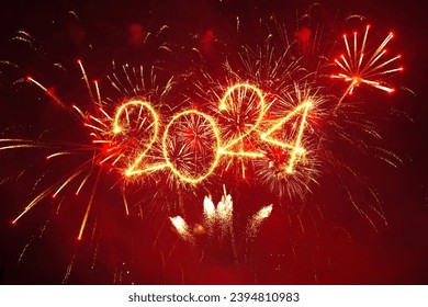 Happy New Year 2024. Beautiful New year Wallpaper, Poster. Creative holiday web banner or Greeting card with red fireworks and sparkling text 2024 on night sky background - Powered by Shutterstock