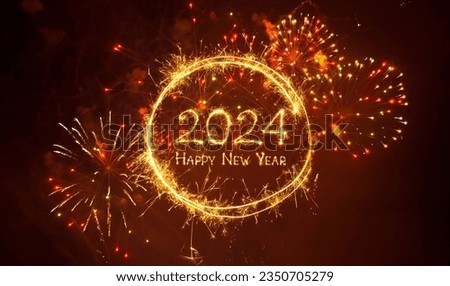 Happy New Year 2024. Beautiful New year congratulations. Creative holiday web banner or Greeting card with firework and sparkling text Happy New Year 2024 on night sky background.