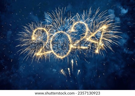 Happy New Year 2024. Beautiful creative holiday web banner or flyer with Golden firework and sparkling number 2024 on night blue sky background.