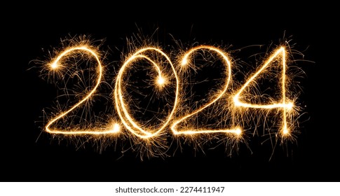 Happy New Year 2024. Burning sparkling text 2024 isolated on black background. Beautiful Glowing design element for greeting card and holiday flyer  - Shutterstock ID 2274411947