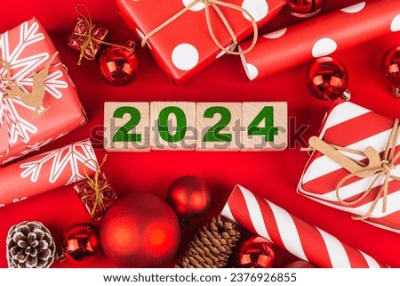 Happy New Year 2024, Christmas 2024, Christmas gifts placed in a festive atmosphere 