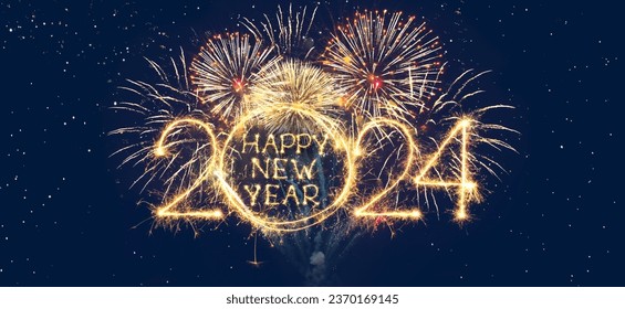 Happy New Year 2024. Creative New Year web banner sparkling text Happy New Year 2024 on night sky background with fireworks. Wide angle holiday poster