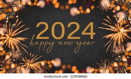 HAPPY NEW YEAR 2024 - Festive silvester New Year's Eve Party background greeting card - Frame made of orange fireworks in the dark black night. - Shutterstock ID 2239588065