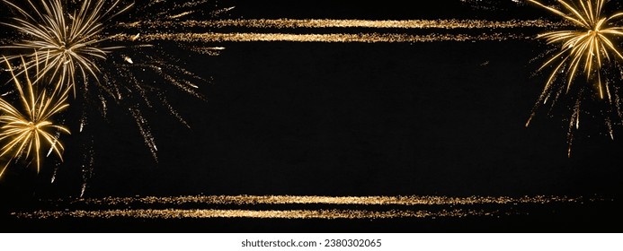 HAPPY NEW YEAR 2024 - Festive New Year's Eve Sylvester Party background greeting card template banner panorama - Gold frame, fireworks pyrotechnics firework on dark black night sky texture