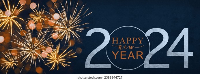 HAPPY NEW YEAR 2024 - Festive silvester firework background panorama greeting card banner long - Fireworks on dark blue night