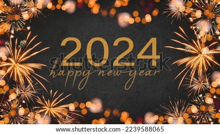 HAPPY NEW YEAR 2024 - Festive silvester New Year's Eve Party background greeting card - Frame made of orange fireworks in the dark black night.