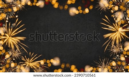 HAPPY NEW YEAR 2024 - Festive silvester New Year's Eve Party background greeting card - Frame made of golden fireworks in the dark black night	