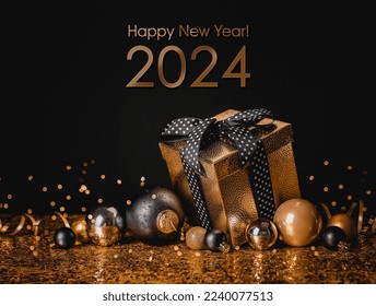 Happy New Year 2024! Golden gift box and christmas balls on golden background - Powered by Shutterstock