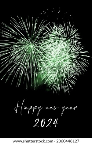 Happy new year 2024 green fireworks stars new years eve. Luxury firework event sky show turn of the year celebration. Holidays season party time. Premium entertainment nightlife background