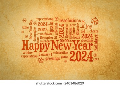 Happy New Year 2024 greetings card  - word cloud on a retro handmade paper