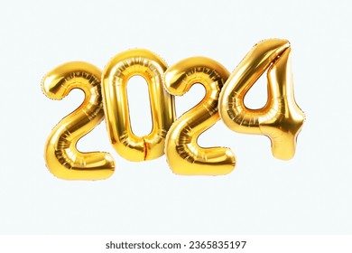 Happy new year 2024 metallic gold foil balloons on a white background. Golden helium balloons number 2024 New Year. 