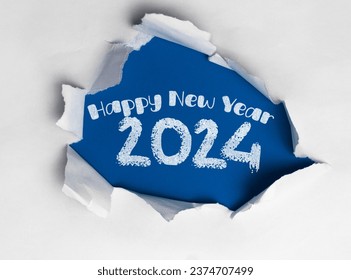 Happy New Year 2024 on wall ripped Hole. Happy New Year 2024 wish image. 2024 New Year wish and Celebration 