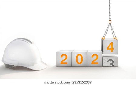 happy new year 2024. success in real estate, construction industry. crane construction lifting new concrete cube replace the old year