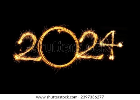 Happy new year 2024 text written with Sparkle fireworks isolated on black background