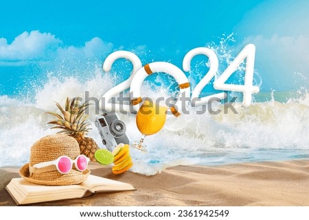 Happy New Year 2024. welcome to Happiness beach party and travel summer destination concept.Fun with outdoor activities, splashing wave water, and tropical fruit.