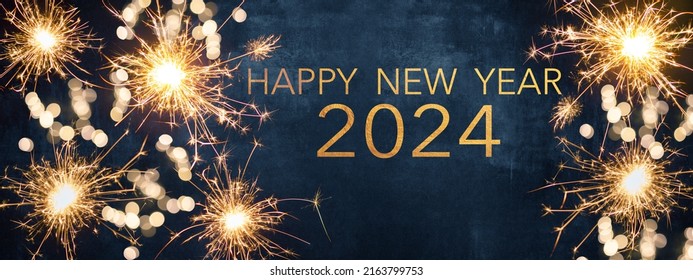 HAPPY NEW YEAR 2024, New Year's Eve Party background greeting card  - Sparklers and bokeh lights, on dark blue night sky - Shutterstock ID 2163799753