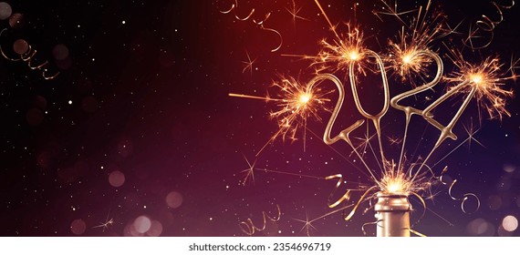 Happy New Year 2024, New Year's Eve Party background greeting card, sparklers in champagne bottle and bokeh lights on dark night sky - Powered by Shutterstock