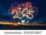 Happy New Year 2025. Beautiful creative holiday web banner or flyer with red fireworks and Golden sparkling number 2025 on blue sky over water