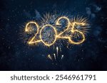 Happy New Year 2025. Beautiful creative holiday web banner or flyer with Golden firework and sparkling number 2025 on night blue sky background.