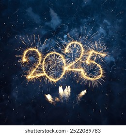 Happy New Year 2025. Beautiful creative Square holiday web banner or Greeting card with Golden firework and sparkling number 2025 on night blue sky background.