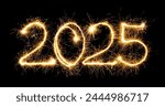 Happy New Year 2025. Burning sparkling text 2025 isolated on black background. Beautiful Glowing design element for greeting card and holiday flyer