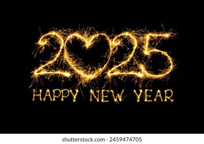 Happy New Year 2025. Creative Design element. Artistic Text Happy New Year 2025 written sparkling sparklers isolated on black background. Beautiful overlay template for holiday greeting card, flyer - Powered by Shutterstock