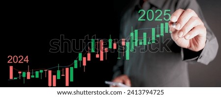 Happy new year 2025. A man draws a rising graph or chart reflecting the success and growth. Business prediction for more growth, profit, acheivement for the new coming year.
