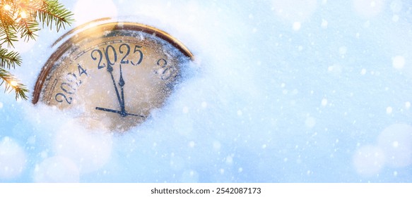 The Happy New Year 2025 watch face depicts New Year's Eve. Snowy winter background and a Christmas tree branch