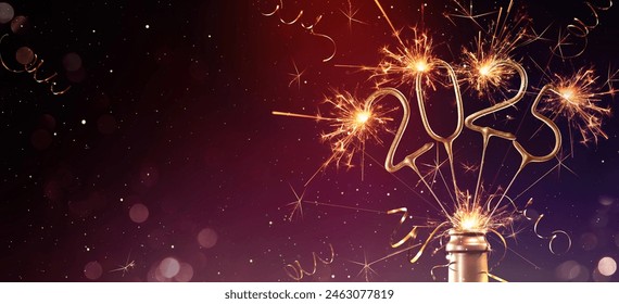 Happy New Year 2025 New Year's Eve Party background greeting card, sparklers in champagne bottle and bokeh lights on dark night sky - Powered by Shutterstock - Get 15% off with code: PIKWIZARD15