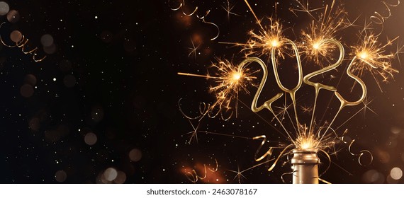 Happy New Year 2025 New Year's Eve Party background greeting card, sparklers in champagne bottle and bokeh lights on dark night sky - Powered by Shutterstock