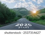 Happy new year 2025,2025 symbolizes the start of the new year. The letter start new year 2025 on the road in the nature route roadway have tree environment ecology or greenery wallpaper concept.