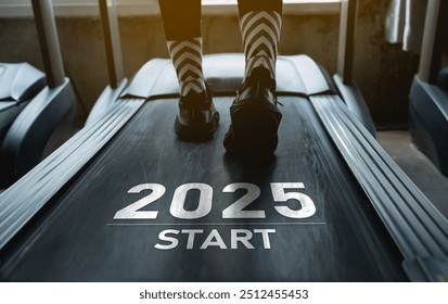 Happy new year 2025,2025 symbolizes the start of the new year. Close up of feet, sportswoman runner running on treadmill in fitness club. Cardio workout. Healthy lifestyle, guy training in gym. - Powered by Shutterstock